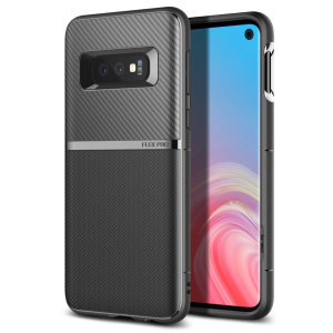The Obliq Flex Pro Shell Case in carbon black is a stylish and ergonomic protective case for the Samsung Galaxy S10e, providing impact absorption and fantastic grip due to its textured surface design.