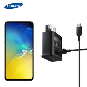 A genuine Samsung UK adaptive fast mains charger for your USB-C Samsung Galaxy S10e phone. With folding pins for travel convenience and a genuine Samsung USB-C charging cable. Retail packed.