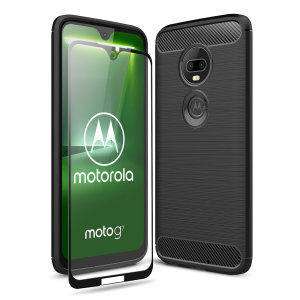 Flexible rugged casing with a premium matte finish non-slip carbon fibre and brushed metal design, the Olixar Sentinel case in black keeps your Moto G7 protected from 360 degrees with the added bonus of a tempered glass screen protector.