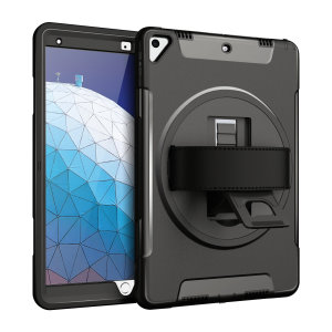 La robusta custodia Olixar Rugged Case in nero offre una protezione totale del corpo per il tuo iPad Pro Air 2019, con un supporto integrato e una comoda cinghia per la portabilità.