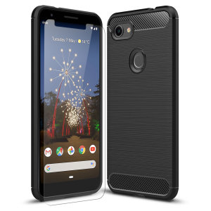 Flexibelt robust hölje med en slät kolfiber och borstad metallkonstruktion, Olixar Sentinel-skalet i svart, håller din Google Pixel 3a XL skyddad från 360 grader med den extra bonusen av ett härdat glasskärmskyddet med krökta kanter.