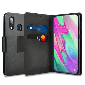 Protect your Samsung Galaxy A40 with this durable and stylish black leather-style wallet case by Olixar. What's more, this case transforms into a handy stand to view media.
