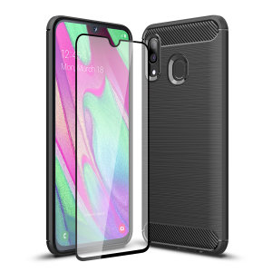 Flexible rugged casing with a premium matte finish non-slip carbon fibre and brushed metal design, the Olixar Sentinel case in black keeps your Samsung Galaxy A40 protected from 360 degrees with the added bonus of a tempered glass screen protector.