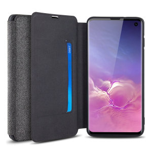 Protect your Samsung Galaxy S10 with this durable and stylish grey canvas case by Olixar. What's more, for convenience this case transforms into a stand to view media and includes a card slot.