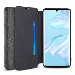 Protect your Huawei P30 Pro with this durable and stylish grey canvas case by Olixar. What's more, for convenience this case transforms into a stand to view media and includes a card slot.