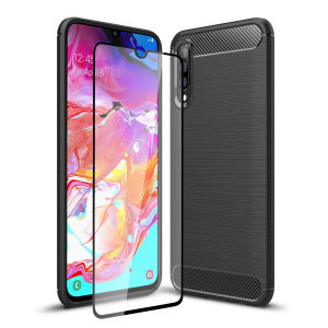 Flexible rugged casing with a premium matte finish non-slip carbon fibre and brushed metal design, the Olixar Sentinel case in black keeps your Samsung Galaxy A70 protected from 360 degrees with the added bonus of a tempered glass screen protector.