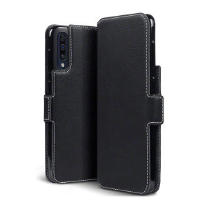 The genuine leather wallet case from Olixar offers perfect protection for your Samsung Galaxy A50. Featuring premium stitch finishing, as well as featuring slots for your cards, cash and documents.