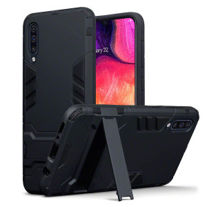 Protect your Samsung Galaxy A50 from bumps and scrapes with this black dual layer armour case from Olixar. Comprised of an inner TPU section and an outer impact-resistant exoskeleton, with a built-in viewing stand.