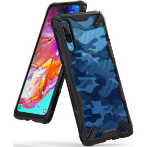 Keep your Samsung Galaxy A70 protected from bumps and drops with the Ringke Fusion X tough case in Camo Black. Featuring a 2-part, Polycarbonate design, this case lives up to military drop-test standards so you can rest assured that your device is safe