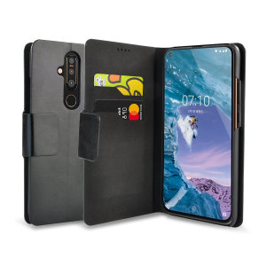 The Olixar leather-style Nokia 8.1 Plus Wallet Stand Case in black provides enclosed protection and can also be used to hold your credit cards. The case also transforms into a viewing stand for added convenience.