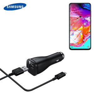 A genuine Samsung adaptive fast car charger and USB-C charging cable for your Samsung Galaxy A70. Incredibly stylish and fast, this charger is a must have, thanks to its sleek design and super fast charging rates.