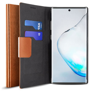 Protect your Samsung Galaxy Note 10 with this durable and stylish brown leather-style wallet case by Olixar. What's more, this case transforms into a handy stand to view media.