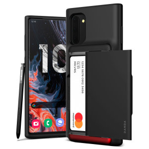 Protect your Note 10 with this precisely designed Damda Glide Shield case in matt black from VRS Design. Made with tough yet slim material, this hard-shell construction with soft core features patented sliding technology to store two credit cards or ID.