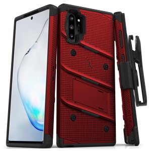 Equip your Samsung Galaxy Note 10 Plus with military grade protection and superb functionality with the ultra-rugged Bolt case in red and black from Zizo. Coming complete with a handy belt clip and integrated kickstand.