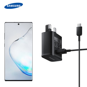 A genuine Samsung UK adaptive fast mains charger for your USB-C Samsung Galaxy Note 10 phone. With folding pins for travel convenience and a genuine Samsung USB-C charging cable. Retail packed.