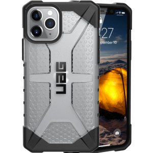 The Urban Armour Gear Plasma semi-transparent tough case in ice clear and black for the iPhone 11 Pro features a protective case with a brushed metal UAG logo insert for an amazing rugged and stylish design.