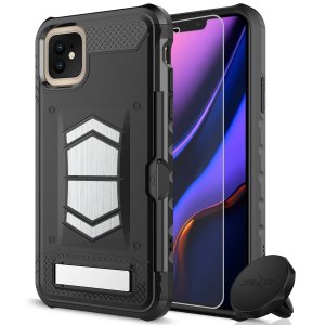 Equip your iPhone 11 with heavy duty protection and functionality with the Electro case in black from Zizo. Coming complete with an integrated kickstand and card slot. Additionally the case comes with a car vent holder and glass screen protector.