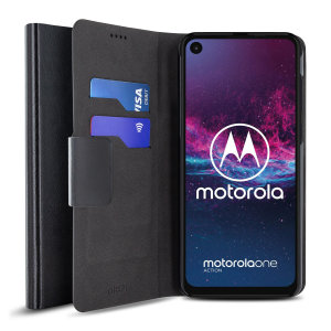 Protect your Motorola One Action with this durable and stylish black leather-style wallet case by Olixar. What's more, this case transforms into a handy stand to view media.