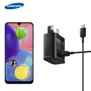 A genuine Samsung UK adaptive fast mains charger for your Samsung Galaxy A50s. With folding pins for travel convenience and a genuine Samsung USB-C charging cable. Retail packed.