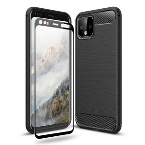 Flexibelt robust hölje med en slät kolfiber och borstad metallkonstruktion, Olixar Sentinel-skalet i svart, håller din Google Pixel 4 XL skyddad från 360 grader med den extra bonusen av ett härdat glasskärmskyddet med krökta kanter
