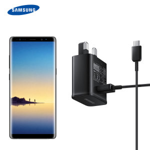 A genuine black Samsung UK adaptive fast mains charger for your Samsung Galaxy Note 8 smartphone. This is identical to the black charger supplied with the Samsung Galaxy Note 8. Comes complete with an official 1.2m Samsung USB-C cable.