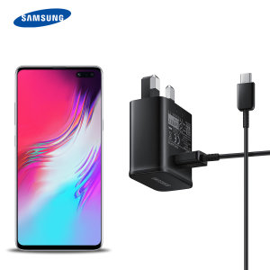 A genuine black Samsung UK adaptive fast mains charger for your Samsung Galaxy S10 5G smartphone. This is identical to the black charger supplied with the Samsung Galaxy S10 5G. Comes complete with an official 1.2m Samsung USB-C cable.