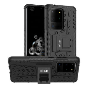 Protect your Samsung Galaxy S20 Ultra from bumps and scrapes with this black ArmourDillo case from Olixar. Comprised of an inner TPU case and an outer impact-resistant exoskeleton, with a built-in viewing stand.