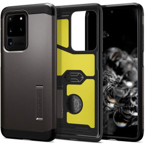 The Spigen Tough Armor in Gunmetal Grey is the new leader in lightweight protective cases. The new Air Cushion Technology corners reduce the thickness of the case while providing optimal protection for your Samsung Galaxy S20 Ultra.