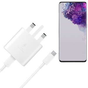 A genuine Samsung UK adaptive fast mains charger in White for your Samsung galaxy S20 Ultra. You can charge any compatible device at super fast speeds with the 45W charger. 