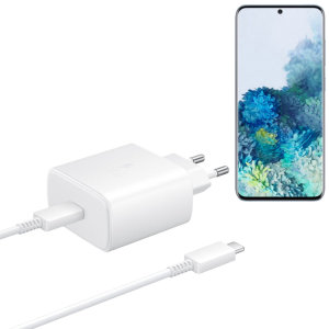 Een officiële adaptieve snellader voor uw Samsung Galaxy S20. Met een uitgangsvermogen van 45 W heb je de batterij binnen enkele minuten, want deze lader is ultra snel. Dit is precies die lader die bij deze telefoons wordt geleverd.
