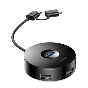Baseus 4-in-1 USB Adapter Splitter Hub W/ Micro USB/USB-C Cable- Black