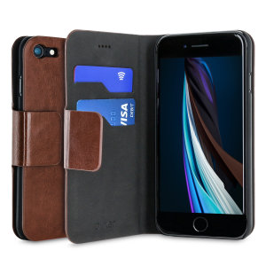 Olixar Leather-Style Brown Wallet Stand Case - For iPhone SE 2022