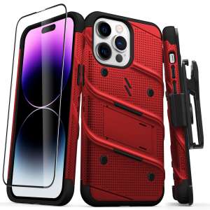 Zizo Bolt Protective Red Case with Kickstand and Screen Protector - For iPhone 14 Pro Max