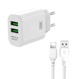 XO Design 12W White 2 USB-A Port Wall Charger & USB Lightning Cable - EU Travel Plug