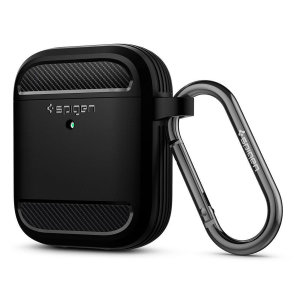Spigen Matte Black Rugged Armour Case with Carabiner - For AirPods 1 & 2