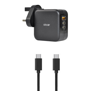 Olixar 65W GaN USB-A & Dual USB-C Super Fast PD Mains Charger With Braided USB-C Cable - For Samsung Galaxy S24