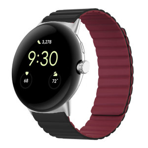 Olixar Black & Red Small Silicone Magnetic Band with Silver Connectors - For Google Pixel Watch