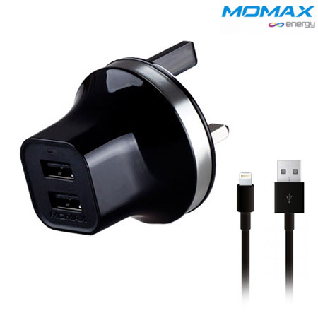 Momax XC Dual USB Mains Charger Adapter and Lightning Cable - Black