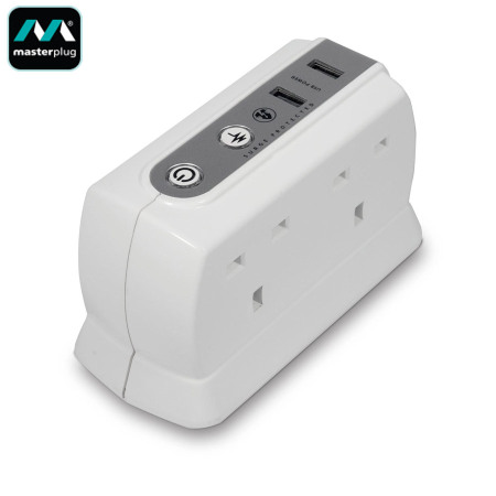 Masterplug Surge Protected 4 Plug Power Block with Dual USB 1M - White