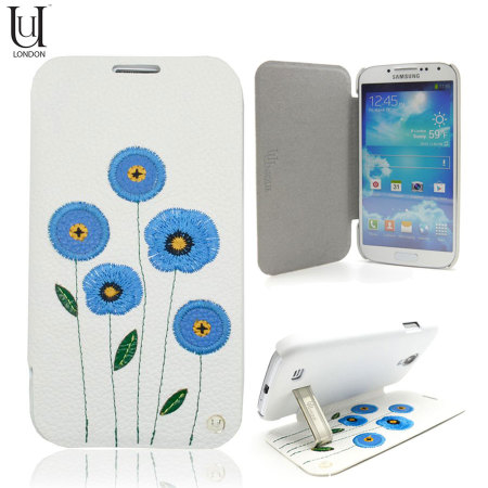 Uunique Poppy Flower Folio Case For Samsung Galaxy S4 - White/Blue