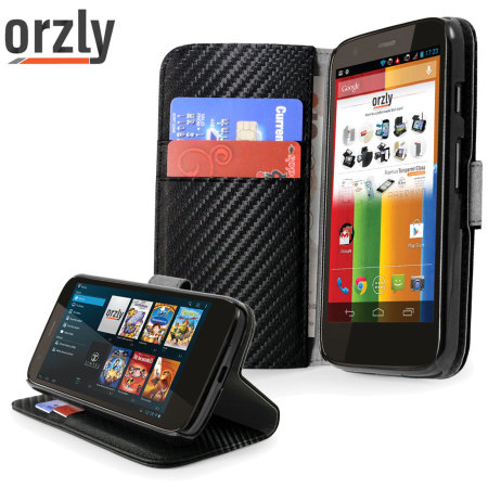 Orzly Multi Functionele Wallet Case voor Moto G 2013 - Carbonvezel