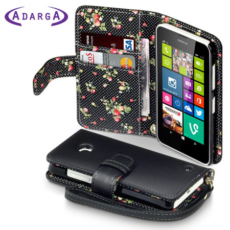 Nokia Lumia 630 / 635 Leather-Style Wallet Case - Floral Black