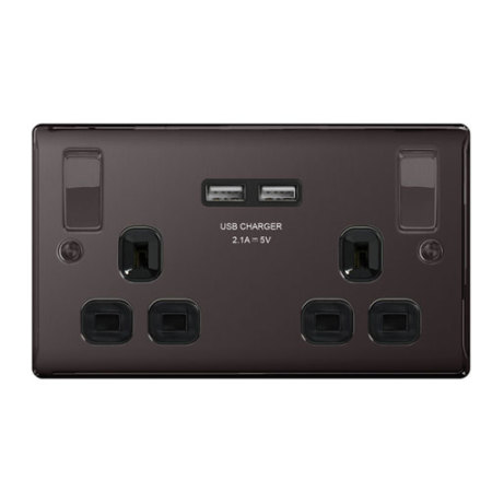 UK Power Socket with USB Charging Wall Plate - Black Nickel