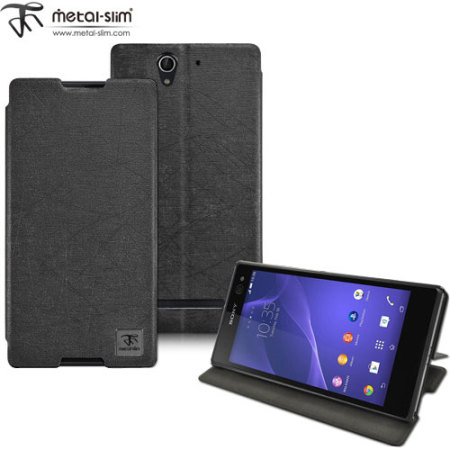 Metal-Slim Sony Xperia C3 Leather-Style Case with Stand - Black