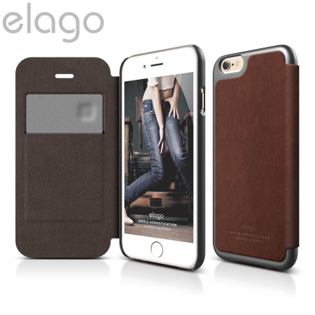 Elago Leather Flip Case for iPhone 6 - Metallic Grey and Brown