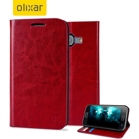 Olixar Leather-Style Samsung Galaxy J1 2015 Wallet Case - Red