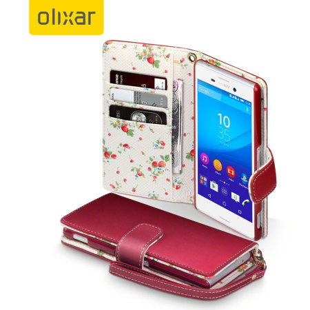 Olixar Leather-Style Sony Xperia M4 Aqua Wallet Case - Floral Red