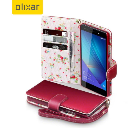 Politiek Twisted Vestiging Olixar Leather-Style Huawei Honor 7 Wallet Case - Floral Red