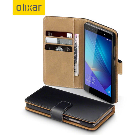Het is goedkoop hooi roekeloos Olixar Leather-Style Huawei Honor 7 Wallet Case - Black / Tan