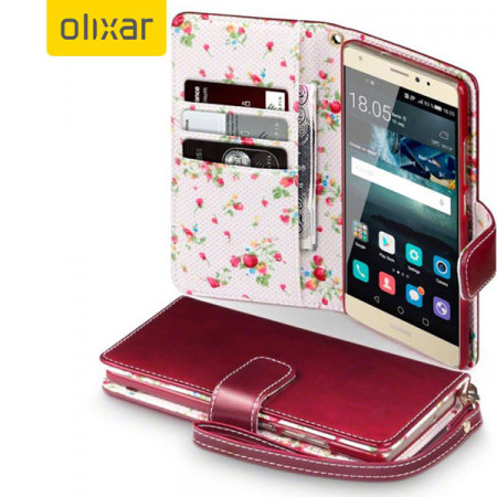 Olixar Huawei Mate S Tasche im Brieftaschen Design in Floral Rot